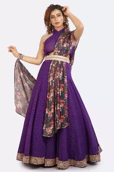 Purple Leheriya Lehenga With Gold Border On Edges, Floral Dupatta