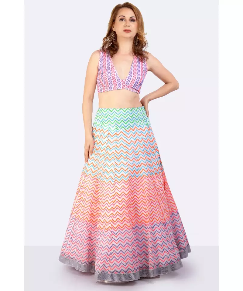 MULMUL MULTI-COLOURED LEHENGA WITH GOTA BORDER, BLOCKPRINTED DUPATTA