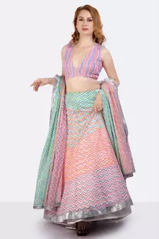 Mulmul Multi Coloured Lehenga With Gota Border, Blockprinted Dupatta