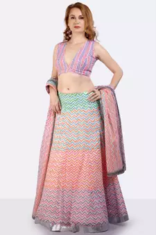Mulmul Multi Coloured Lehenga With Gota Border, Blockprinted Dupatta