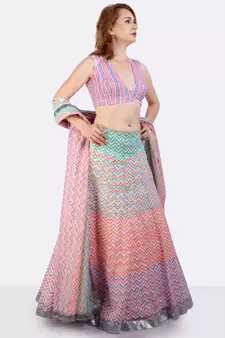 Mulmul Multi Coloured Lehenga With Gota Border, Blockprinted Dupatta