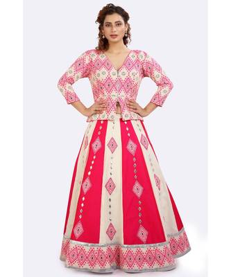 Magenta Lehenga With Patch & Gota Peplum Jacket Of Weaved Fabric With Open Zip 1