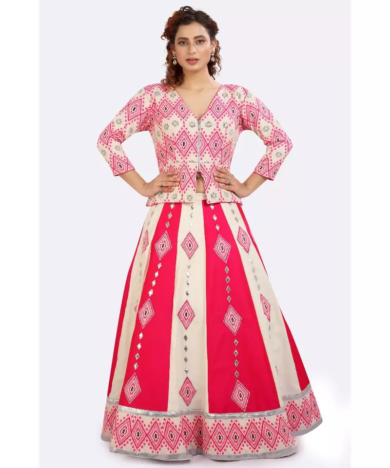 MAGENTA LEHENGA WITH PATCH & GOTA PEPLUM JACKET OF WEAVED FABRIC WITH OPEN ZIP