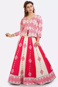 Magenta Lehenga With Patch & Gota Peplum Jacket Of Weaved Fabric With Open Zip