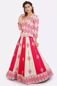 Magenta Lehenga With Patch & Gota Peplum Jacket Of Weaved Fabric With Open Zip