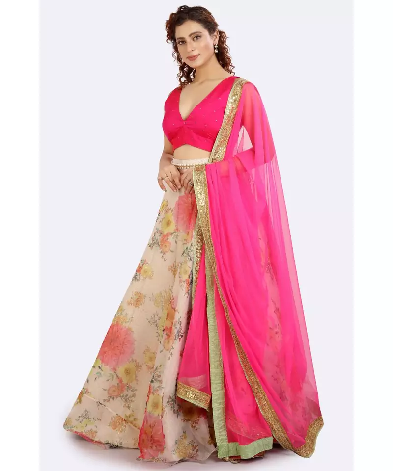 WHITE ORGANZA FLORAL LEHENGA WITH WIRE PICO DONE, NET DUPATTA WITH BORDER