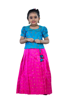 Shivangi Girls Peacock Blue Pink Peacock Lehenga 1