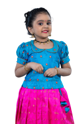 Shivangi Girls Peacock Blue Pink Peacock Lehenga 2