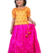 Shivangi Girls Mango Yellow Pink Peacock Pattu Pavadai