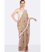 JUTE COLD-SHOULDER SAREE WITH POLKA DOTS & FLAMINGOES HAND-BLOCK