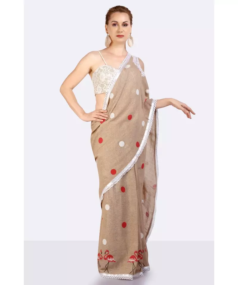 JUTE COLD-SHOULDER SAREE WITH POLKA DOTS & FLAMINGOES HAND-BLOCK