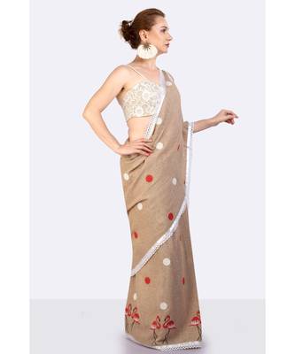Jute Cold Shoulder Saree With Polka Dots & Flamingoes Hand Block 2