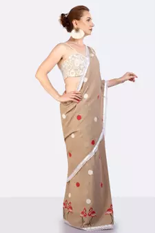 Jute Cold Shoulder Saree With Polka Dots & Flamingoes Hand Block