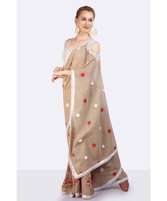 Jute Cold Shoulder Saree With Polka Dots & Flamingoes Hand Block 3