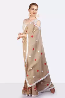 Jute Cold Shoulder Saree With Polka Dots & Flamingoes Hand Block