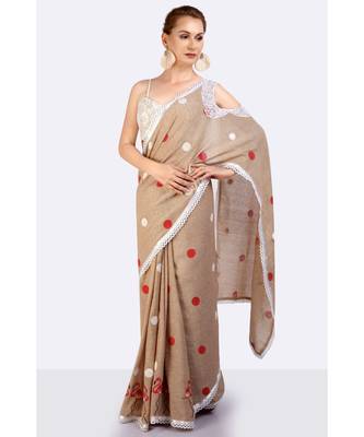 Jute Cold Shoulder Saree With Polka Dots & Flamingoes Hand Block 4