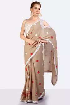 Jute Cold Shoulder Saree With Polka Dots & Flamingoes Hand Block