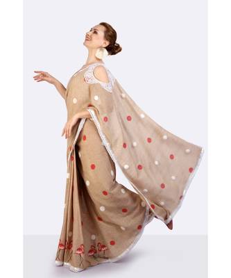 Jute Cold Shoulder Saree With Polka Dots & Flamingoes Hand Block 5