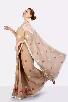 Jute Cold Shoulder Saree With Polka Dots & Flamingoes Hand Block