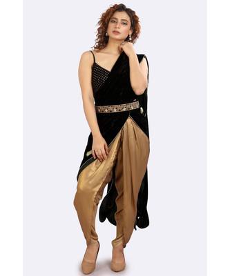 Gold Dhoti With Black Blouse, Velvet 3