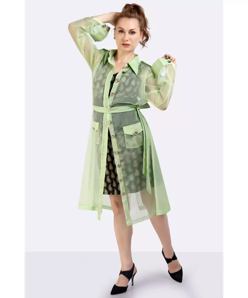 AQUA GREEN POLY-ORGANZA TRENCH COAT