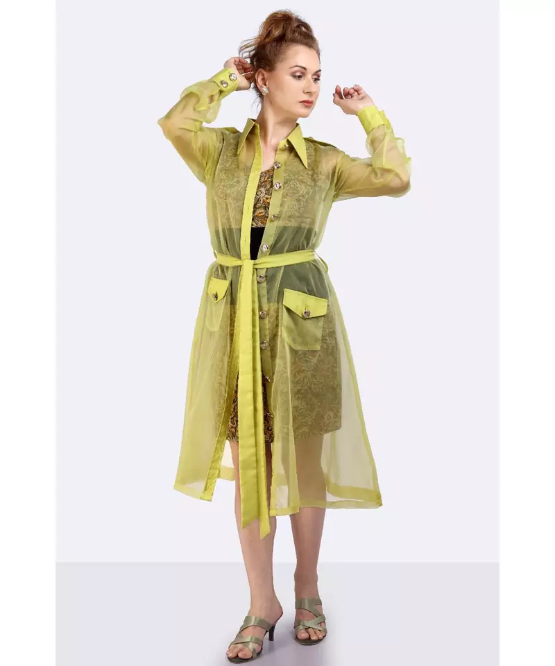 OLIVE POLY-ORGANZA TRENCH COAT