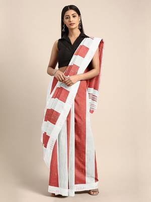 White woven blended cotton saree with blouse 1