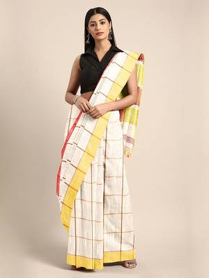 Cream woven blended cotton saree with blouse 1