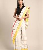 Cream woven blended cotton saree with blouse