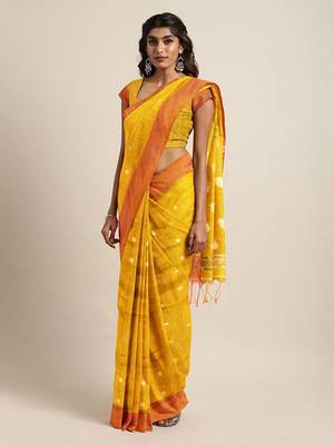 Yellow woven blended cotton saree with blouse 1