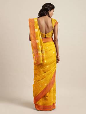 Yellow woven blended cotton saree with blouse 2