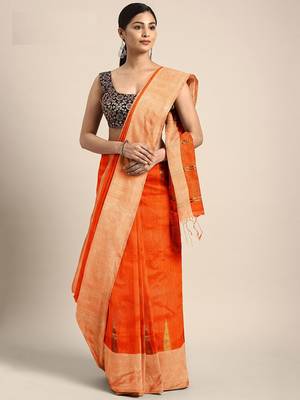 Orange woven blended cotton saree with blouse 1