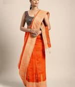 Orange woven blended cotton saree with blouse