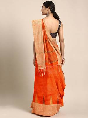 Orange woven blended cotton saree with blouse 2