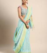 Blue woven blended cotton saree with blouse
