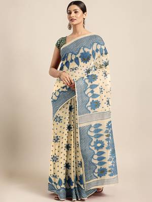 Beige woven silk cotton saree  1