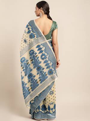 Beige woven silk cotton saree  2