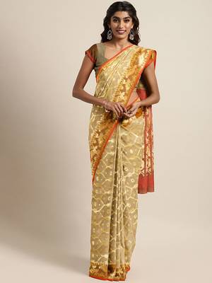 Beige woven silk cotton saree  1