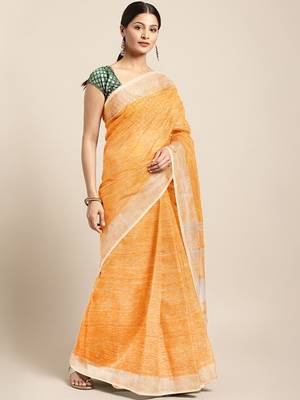 Orange woven linen saree with blouse 1