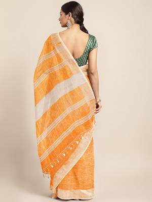 Orange woven linen saree with blouse 2