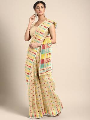 Beige woven silk cotton saree  2