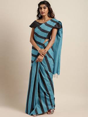 Blue woven pure cotton saree with blouse 1