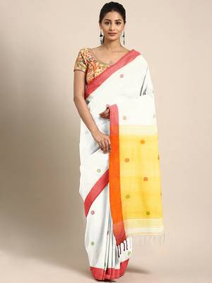 White woven pure cotton saree with blouse 1