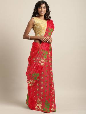 Red woven silk cotton saree  1