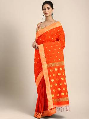 Orange woven blended cotton saree with blouse 1