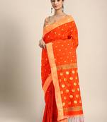 Orange woven blended cotton saree with blouse