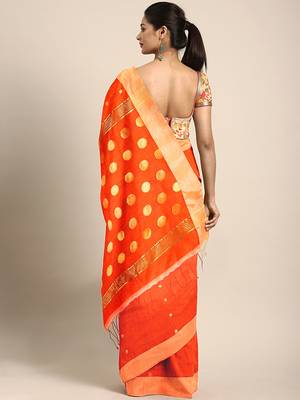 Orange woven blended cotton saree with blouse 2