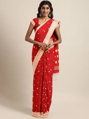 Red woven blended cotton saree with blouse 1