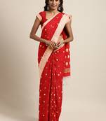 Red woven blended cotton saree with blouse