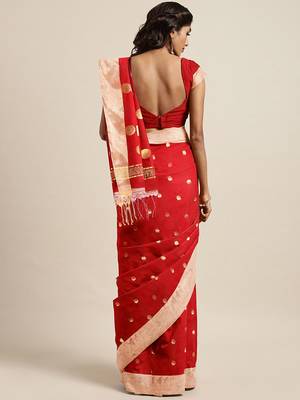 Red woven blended cotton saree with blouse 2